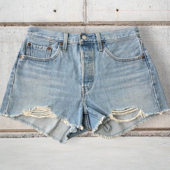 Levi's 501 High Rise Denim Shorts Womens 28 Button Fly Distressed Frayed Premium - Picture 1 of 10